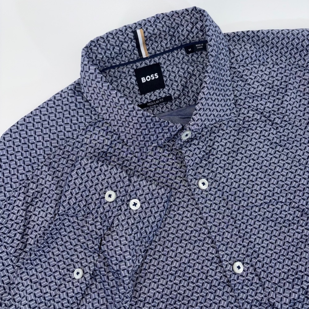 Hugo Boss Mens Regular Fit Geometric Print Lyocell Button Down Shirt Blue Size M